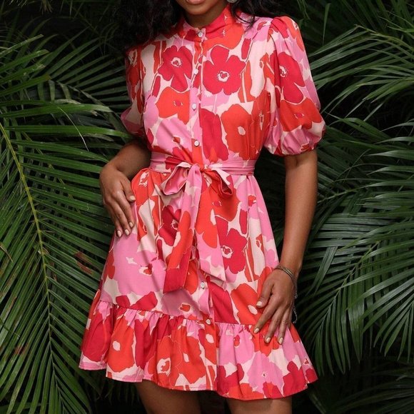 . Dresses & Skirts - Pink Boho Womens Floral Print Puff Sleeve Ruffle Hem Belted Shirt Dress